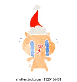 handgezeichneter, weinender Schweinekartoon eines mit Santa versehenen Hutes