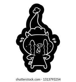 crying pig quirky cartoon icon of a wearing santa hat