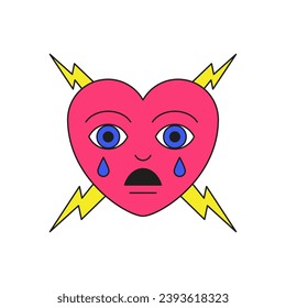 Crying pink heart with tear drop and lightning comic cartoon character groovy icon vector flat illustration. Psychedelic sad angry symbol of love valentine funky surreal element minimal trendy sticker