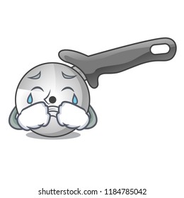 Crying pizza cutter cartoon in the kitchen