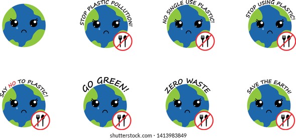 crying planet earth with cute kawaii black eyes, plastic fork and spoon red prohibition sign and lettering. no plastic pollution. go green eco friendly concept. save environment ecology of earth.