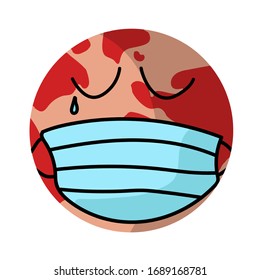 
Crying planet earth in a medical face mask. Red burning sad planet earth suffers due to coronavirus covid-19 2019-ncov and forest fires