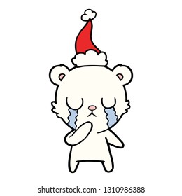 crying polar bear hand drawn line drawing of a wearing santa hat