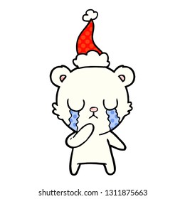 crying polar bear hand drawn comic book style illustration of a wearing santa hat