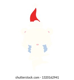 crying polar bear hand drawn flat color illustration of a wearing santa hat