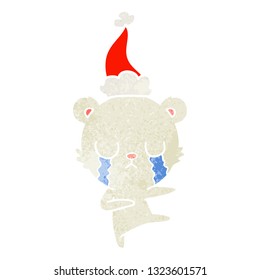 crying polar bear hand drawn retro cartoon of a wearing santa hat