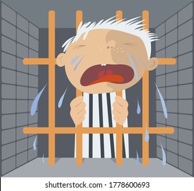 Crying prisoner stays behind the bars illustration. Fair-haired prisoner in striped clothing holds bars with hands and cries
