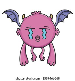 Crying purple flying cartoon bat monster isolated on white
