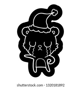 crying quirky cartoon icon of a bear wearing santa hat