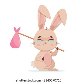 Crying rabbit with knapsack cartoon vector illustration. Unhappy and disappointed rodent leaving home or family. Wildlife animal, sadness, grief, emotion concept