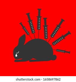 Crying rabbit and lots of syringes as a concept of cruelty-free production and world day for laboratory animals. Vector illustration design