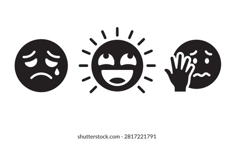 Crying radiant and hesitant face icon set