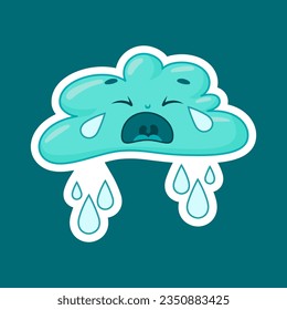Crying raincloud on a dark background. Vector sticker with a white outline. Suitable for clothes print, wall stickers, children books illustration, board games, weather manuals decorations for kids