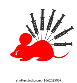 Crying rat and lots of syringes as a concept of cruelty-free production and world day for laboratory animals. Vector illustration design