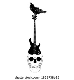 Crying raven perched on top of electric bass guitar inside human skull. Creative concept. Black and white silhouette.