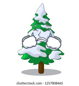 Crying realistic fir tree in snow mascot