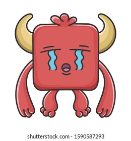 Crying red square Devil cartoon monster isolated on white