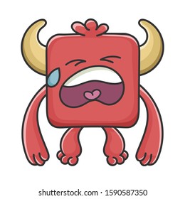 Crying red square Devil cartoon monster isolated on white