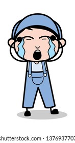 Crying - Retro Repairman Cartoon Worker Vector Illustration