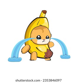 Crying Sad Banana Cat isolated on white background. Sad banana cat cry meme cartoon vector sticker, label and icon for printing on t shirt