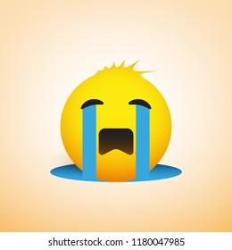 Crying Sad Emoji with Funny Hair - Simple Emoticon on Yellow Background - Vector Design