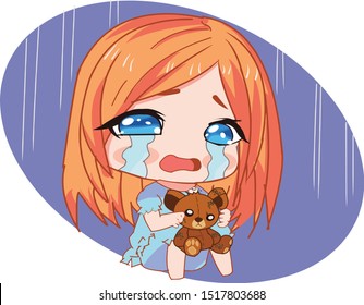 Crying Sad Girl Holding A Teddy Bear In Fear