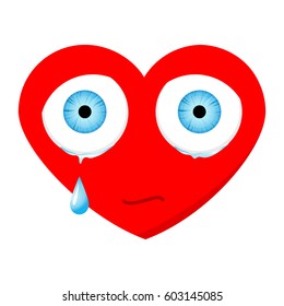 Crying sad heart face with eyes and drop. Isolated red icon