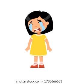 Crying sad little girl flat vector illustration. Upset asian child with tears on face standing alone cartoon character. Lonely kid in bad mood, person unhappy expression isolated on white background