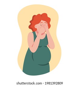 Llorando triste mujer embarazada cubriendo la cara con las manos llanas estilo de caricatura ilustración vectorial