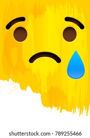 Crying sad smiley face on yellow paint wall vector illustration