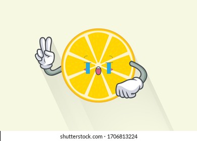 CRYING, SAD, SOB, CRY, Face. Peace Finger Gesture. Mascot Illustration. Slice Lemon Fruit Cartoon.