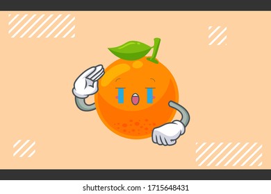 CRYING, SAD, SOB, CRY, Face. Orange Citrus Fruit Cartoon Mascot Illustration.