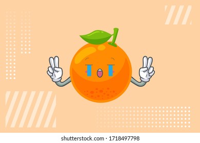 LLORANDO, TRISTE, SOB, LLORAR, CARA. Doble Gesto Del Dedo De La Paz. Ilustración de la mascota de caricaturas de cítricos naranja.