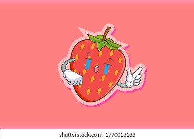 CRYING, SAD, SOB, CRY Face Emotion. Finger Gun Hand Gesture. Red Strawberry Fruit Cartoon Drawing Mascot Illustration.