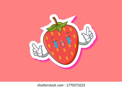 CRYING, SAD, SOB, CRY Face Emotion. Double Finger Gun Hand Gesture. Red Strawberry Fruit Cartoon Drawing Mascot Illustration.
