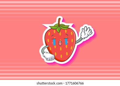 CRYING, SAD, SOB, CRY Face Emotion. Waving Hand Gesture. Red Strawberry Fruit Cartoon Drawing Mascot Illustration.