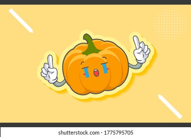 CRYING, SAD, SOB, CRY Face Emotion. Double Forefinger Hand Gesture. Yellow, Orange Pumpkin Fruit Cartoon Drawing Mascot Illustration.