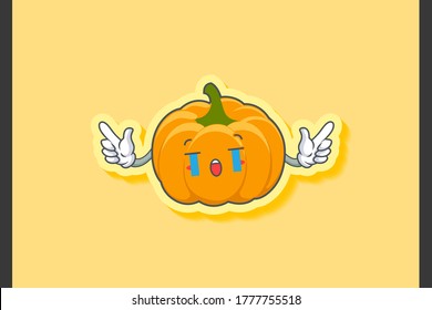 KRYING, SAD, SOB, CRY Face Emotion. Double Finger Gun Hand Gesture. Gelbe, orangefarbene Kürbis Fruchtkartoon-Zeichnung Maskottabilustration.