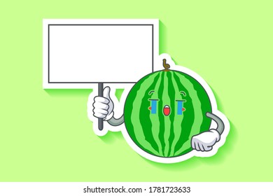 CRYING, SAD, SOB, CRY Face Emotion. Holding Whiteboard Hand Gesture. Watermelon Fruit Cartoon Drawing Mascot Illustration.