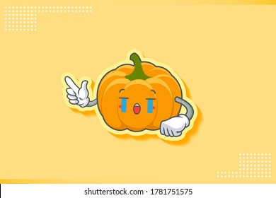 LLORANDO, TRISTE, SOB, LLORAR Emoción facial. Gesto de mano de pistola de dedo. Ilustración de la mascota de dibujos animados de la piel de calabaza amarilla y naranja.