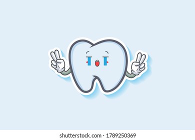 CRYING, SAD, SOB, CRY Face Emotion. Double Peace Hand Gesture. Tooth Cartoon Drawing Mascot Illustration.