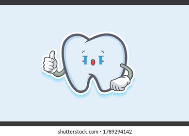 CRYING, SAD, SOB, CRY Face Emotion. Thumb up Hand Gesture. Tooth Cartoon Drawing Mascot Illustration.