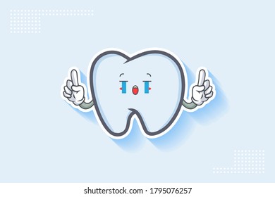 CRYING, SAD, SOB, CRY Face Emotion. Double forefinger Hand Gesture. Tooth Cartoon Drawing Mascot Illustration.