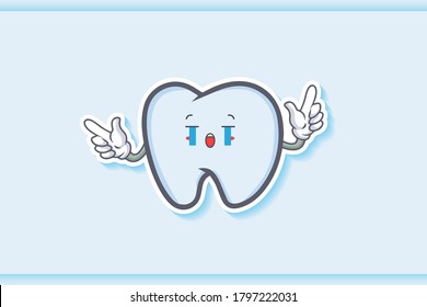 LLORANDO, TRISTE, SOB, LLORAR Emoción facial. Gesto doble de la pistola del dedo delantero. Ilustración de la mascota de dibujos animados dental.
