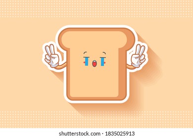 CRYING, SAD, SOB, CRY Face Emotion. Double Peace hand Gesture. Bread Food Cartoon Drawing Mascot Illustration.
