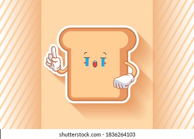 CRYING, SAD, SOB, CRY Face Emotion. Forefinger Gesture. Bread Food Cartoon Drawing Mascot Illustration.