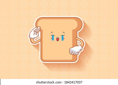 CRYING, SAD, SOB, CRY Face Emotion. Salute, Respect Hand Gesture. Bread Food Cartoon Drawing Mascot Illustration.