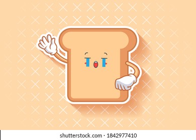 CRYING, SAD, SOB, CRY Face Emotion. Waving Hand Gesture. Bread Food Cartoon Drawing Mascot Illustration.