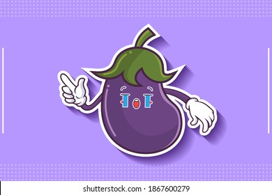 LLORANDO, TRISTE, SOB, LLORAR Emoción facial. Gesto de la mano del dedo índice. Ilustración de la mascota de dibujo de verduras de berenjena.