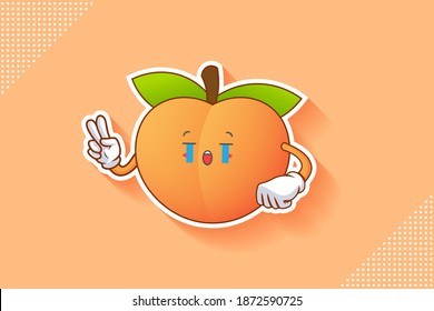 CRYING, SAD, SOB, CRY Face Emotion. Peace Finger Hand Gesture. Peach Fruit Cartoon Drawing Mascot Illustration.